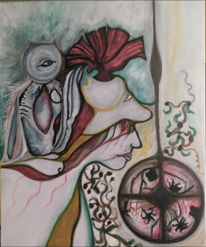 Visages, éventail et motifs roses